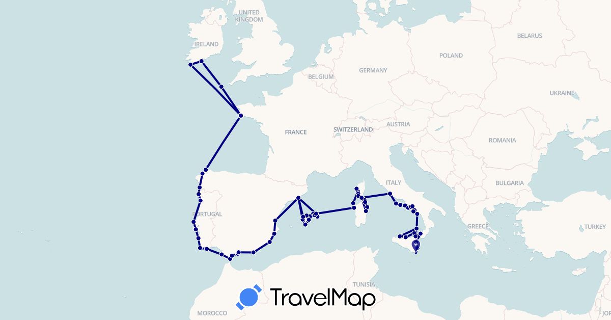TravelMap itinerary: driving in Spain, France, United Kingdom, Gibraltar, Ireland, Italy, Portugal (Europe)